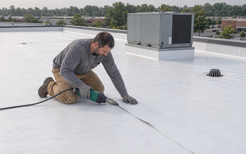 A seam welded on a new white TPO membrane roof of a one-story office building in Hamilton Township.