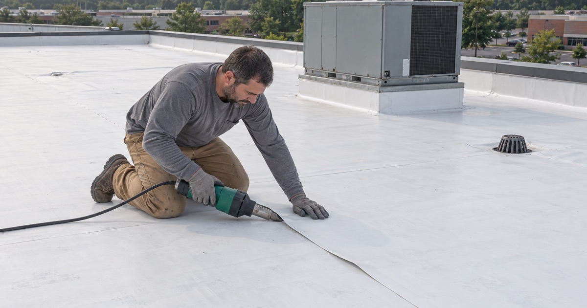 A seam welded on a new white TPO membrane roof of a one-story office building in Hamilton Township.