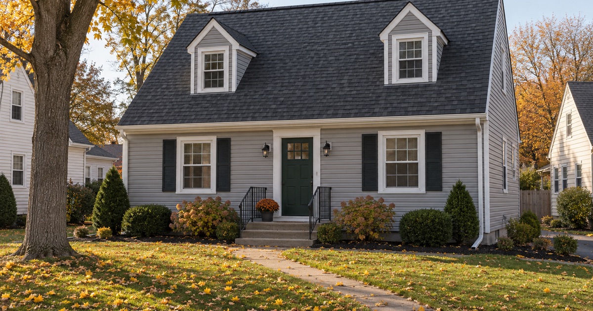 A finished new roof on a 1950s Cape Cod in Hamilton Township in late-afternoon autumn light, maple leaves on the lawn.