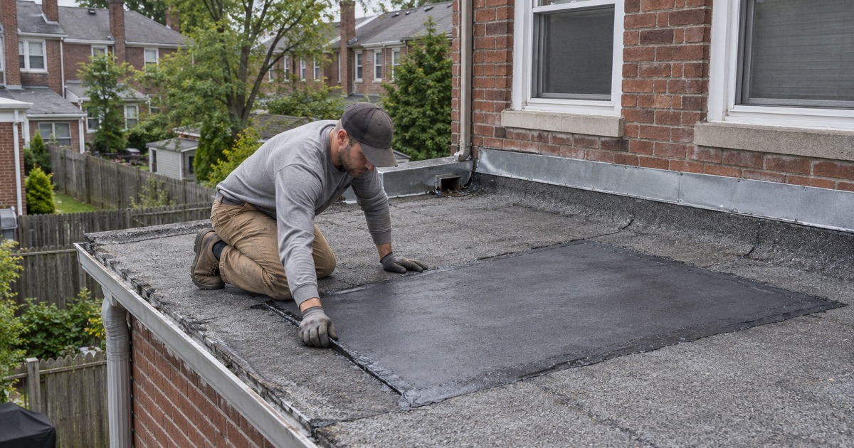 A modified bitumen patch set on the flat roof of a rear kitchen extension behind a 1920s twin in Bromley, Hamilton Township.
