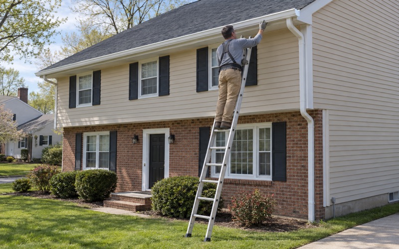 A new seamless gutter guided onto its hangers along the eave of a two-story colonial in Hamilton Square, Hamilton Township.