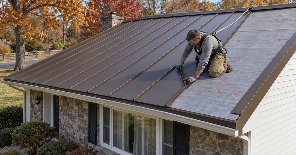 Dark bronze standing-seam metal panels going onto the low-pitch roof of a 1950s ranch in Yardville, Hamilton Township.