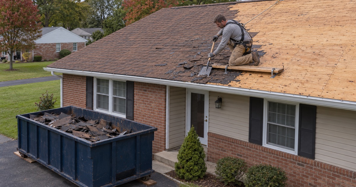 Old shingles coming off a 1960s ranch in Yardville at the start of a full roof replacement, the tear-off falling into a container on the driveway.