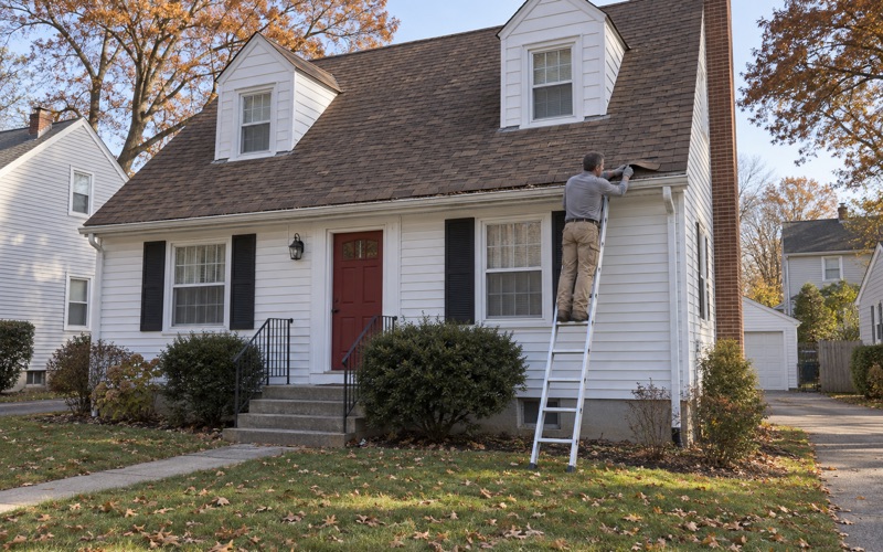 A roofer checking curled shingles and loose granules at the eave of a 1950s Cape Cod in White Horse, Hamilton Township.