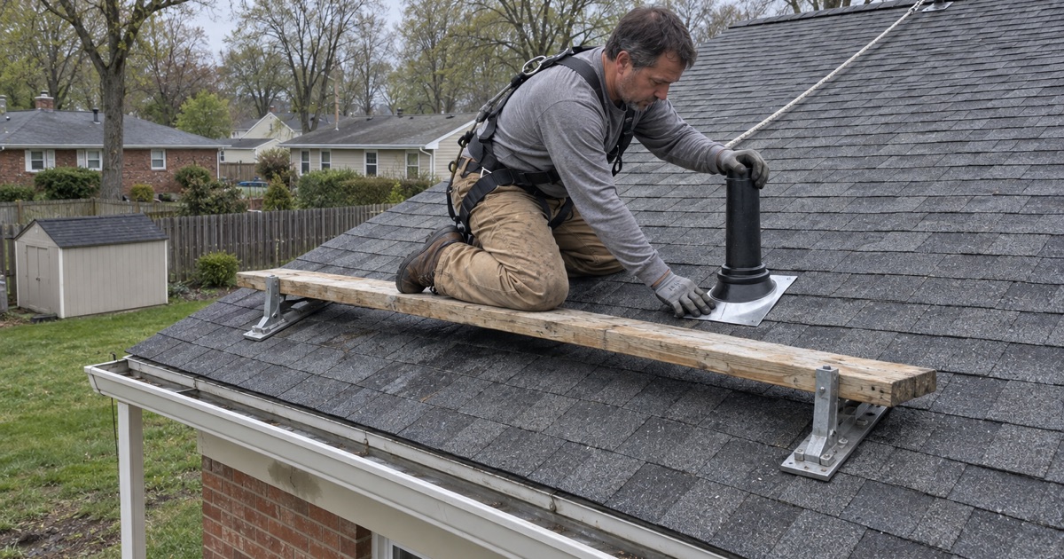 A new pipe boot lapped into the shingles around a plumbing vent on a 1950s ranch in Groveville, Hamilton Township.
