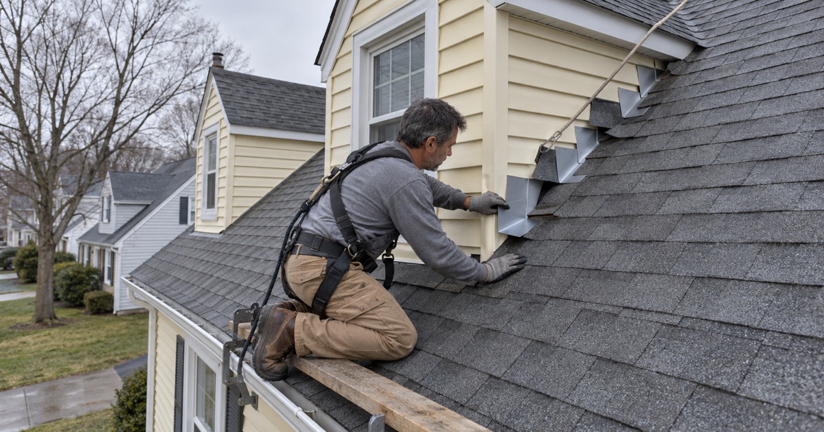 Step flashing rewoven up the side of a front dormer on a 1950s Cape Cod in Mercerville to stop a leak into the upstairs bedroom.