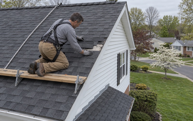 Matching shingles slid into a wind-blown gap on a 1960s split-level in the Yardville section of Hamilton Township.