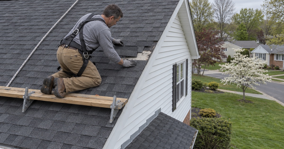 Matching shingles slid into a wind-blown gap on a 1960s split-level in the Yardville section of Hamilton Township.
