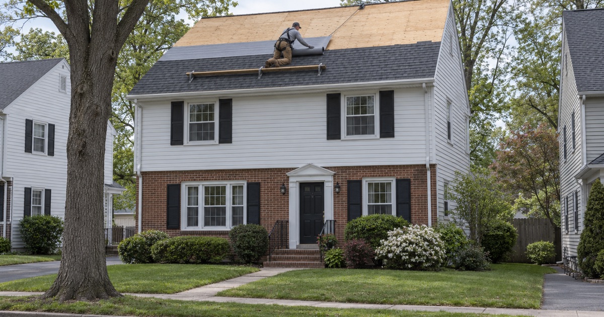 A roofer rolling out underlayment on the upper half of a re-roof on a 1950s two-story colonial in Hamilton Square, Hamilton Township.