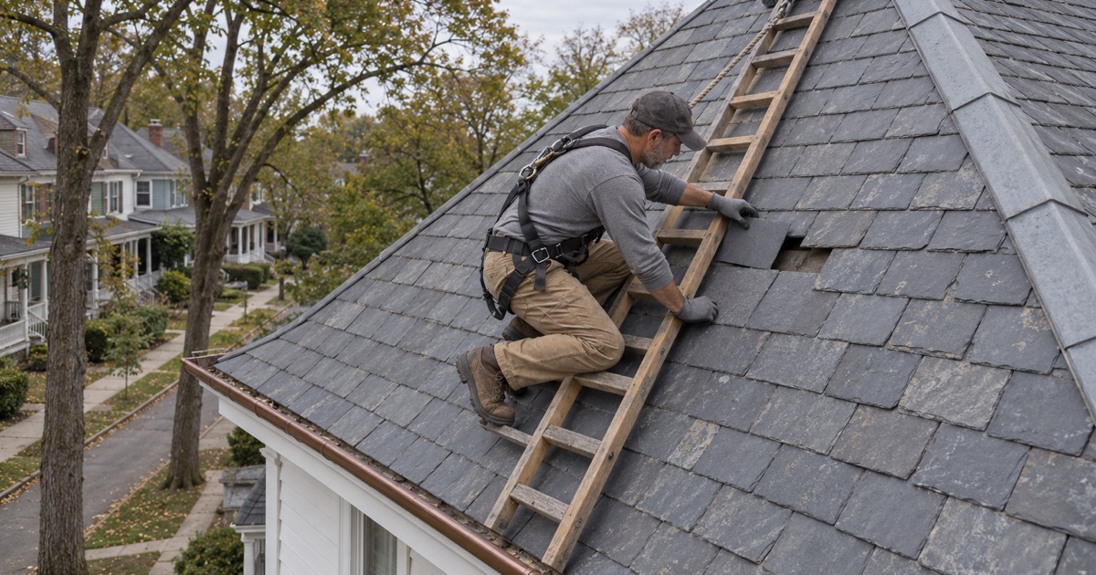 A replacement slate slid into a 1920s foursquare’s roof near the Trenton border in Hamilton Township, worked from a ladder hooked over the ridge.