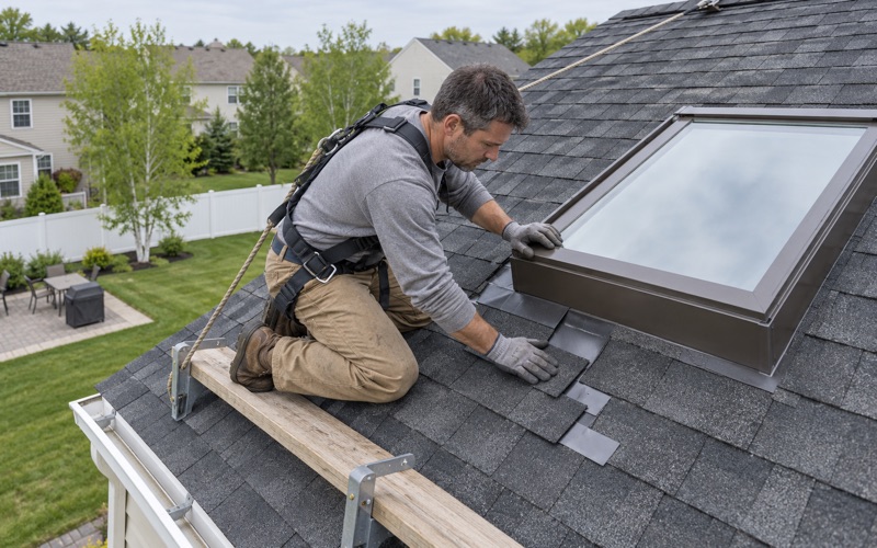 Step flashing woven up the side of a new curb-mounted skylight on a 2000s home in Hamilton Township.
