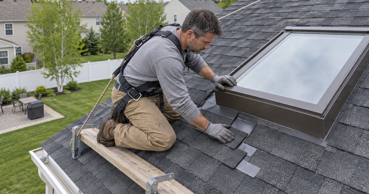Step flashing woven up the side of a new curb-mounted skylight on a 2000s home in Hamilton Township.