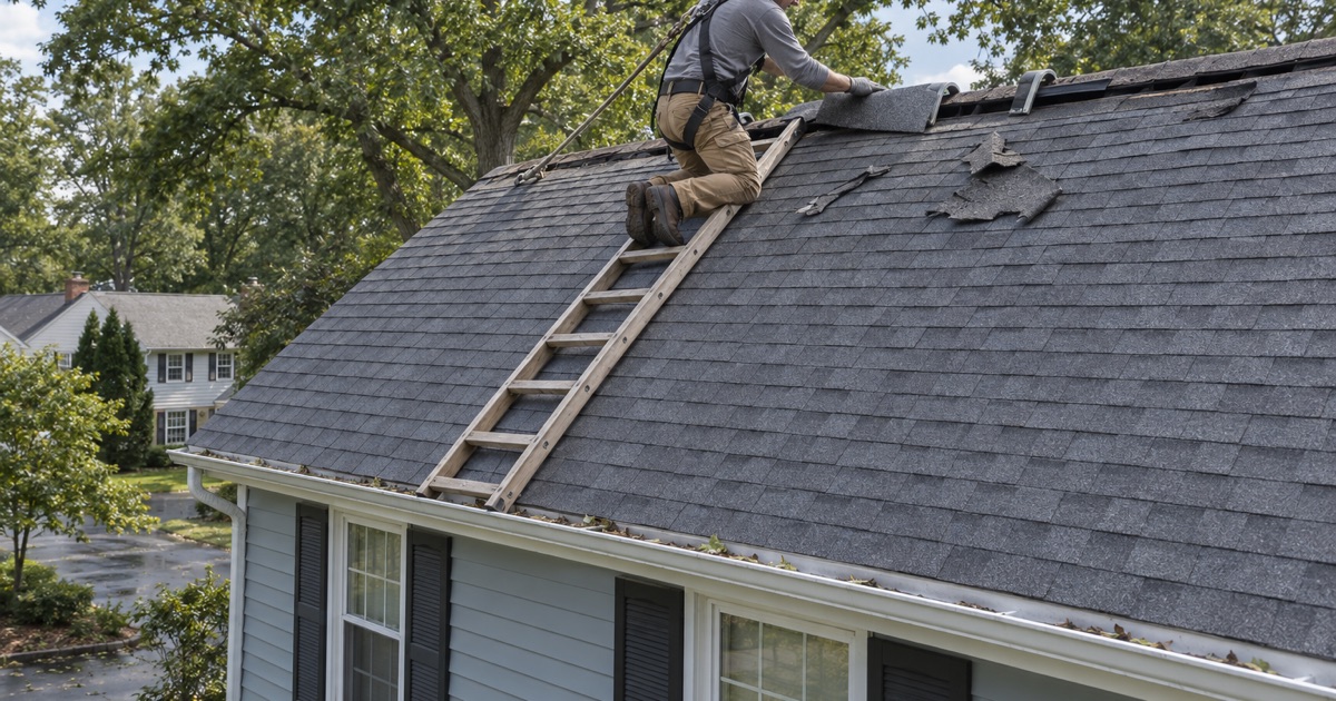 New ridge cap shingles replacing wind-torn ones along the ridge of a Hamilton Square colonial after a summer storm.