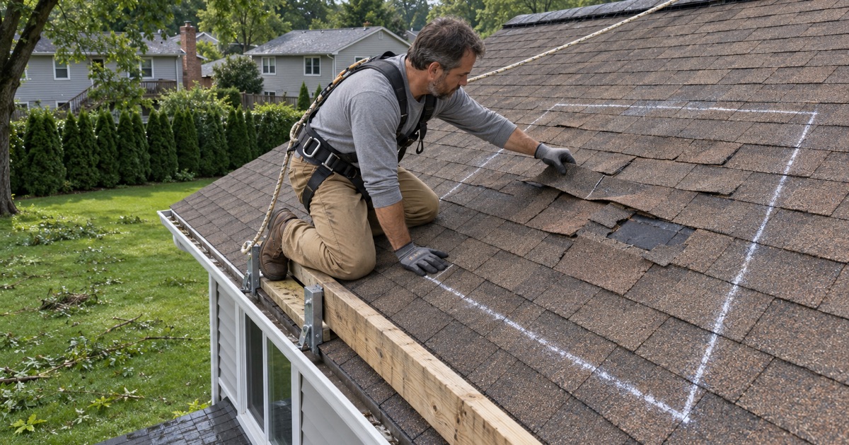 Wind-creased shingles marked out in plain chalk on the rear slope of a White Horse split-level after a summer storm, ready for the adjuster.